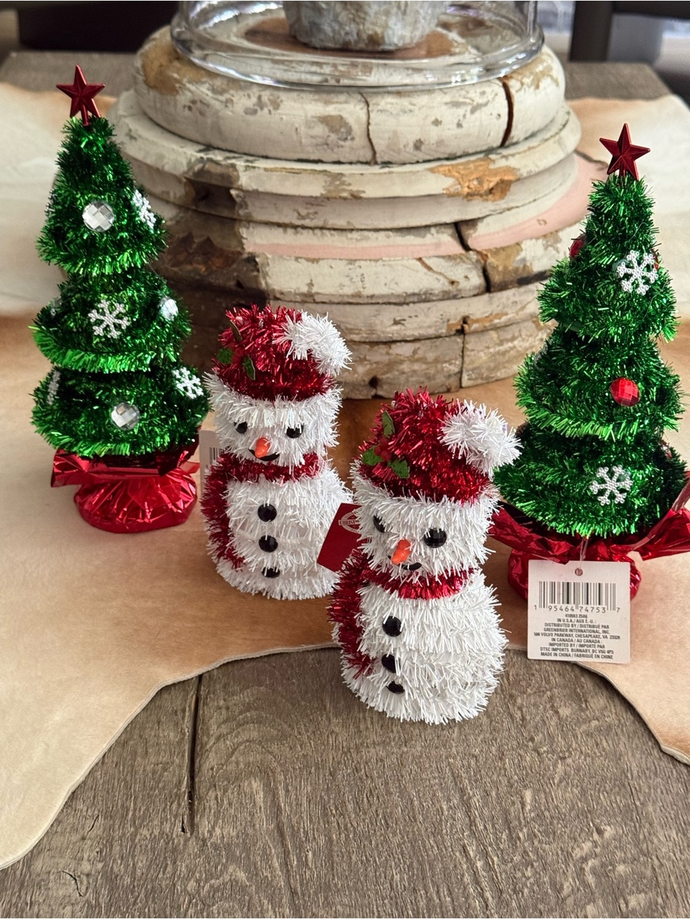 Brand NWT (4) Holiday Tinsel Snowman and Mini Tree Set - Red, Green, White
